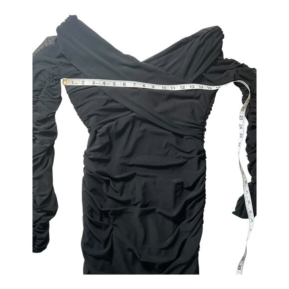 Stella Luce Bodycon Black Ruched Off the Shoulder Mini Dress Sheer Sleeves Large - Picture 5 of 11